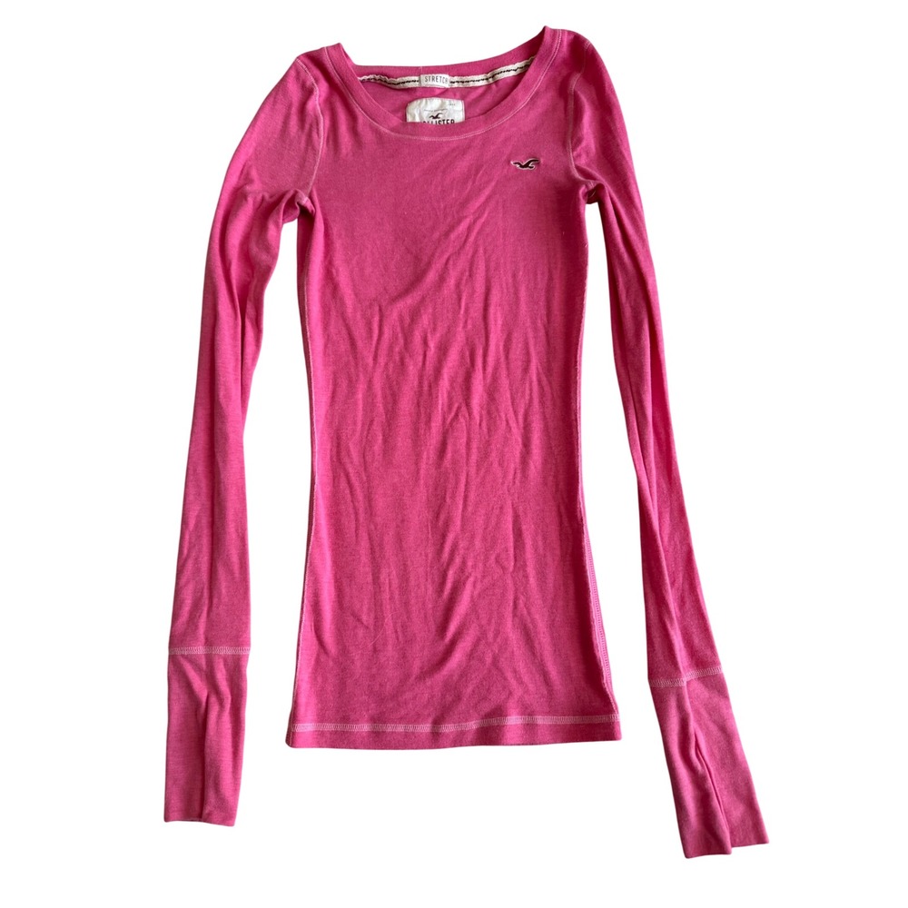 Hollister Long Sleeve Tee Women S Pink Vintage Y2K Stretch Slim Fit Logo Scoop‎